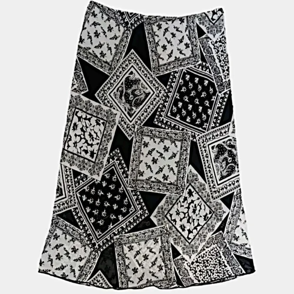 Y2K Patchwork Print Midi Skirt Sz S Sheer Overlay Lettuce Hem‎ Bohemian Grunge